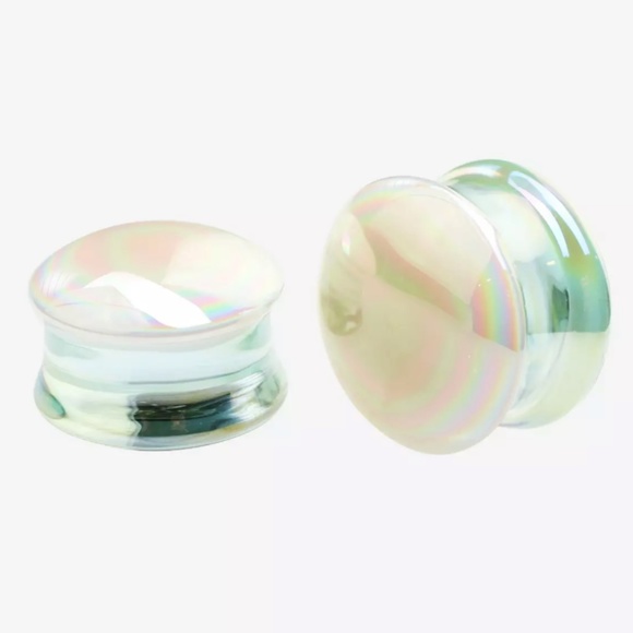 Morbid Metals Glass AB Iridescent Pyrex Saddle Ear Plug 2 Pack 3/4" - Picture 1 of 3